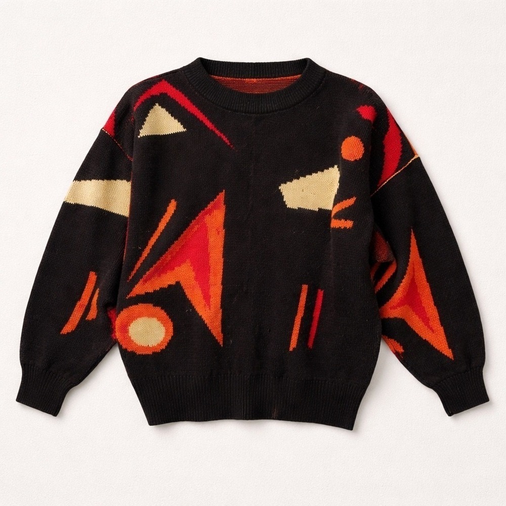 Vintage Luce Italy Abstract Geometric Lurex Knit Sweater Black Red Medium 290